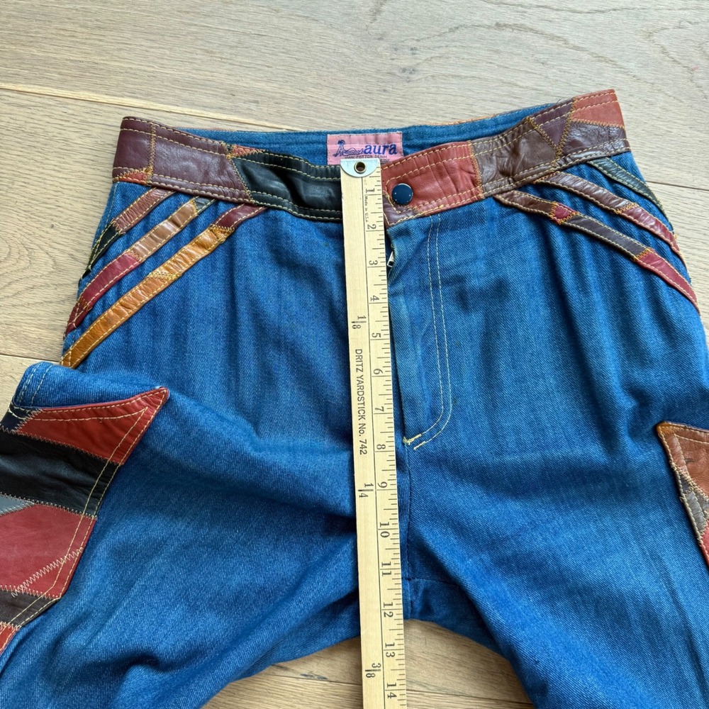 Vintage‎ 70s Aura Denim Leather Patchwork 2 Piece Set Vest Flare Pants M 13/14 - Picture 9 of 12
